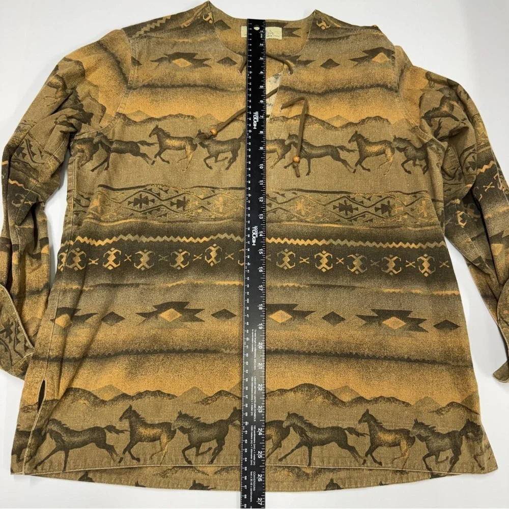 Vintage Cabela's Brown and Tan Southwestern Horse-Print Long Sleeve Cotton Shirt - Picture 7 of 10